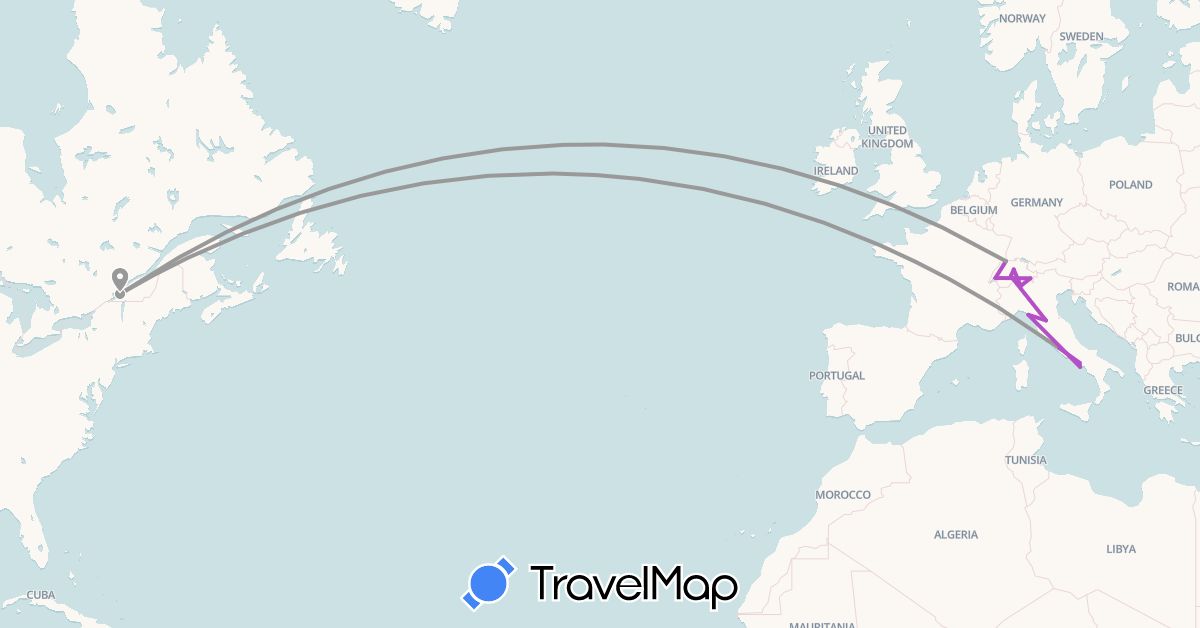 TravelMap itinerary: plane, train in Canada, Switzerland, Italy (Europe, North America)